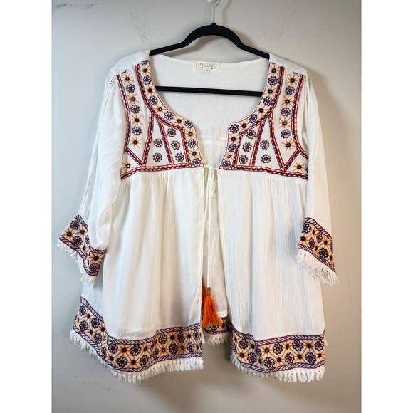 Laraethnics Tops - Laraethnics Kimono Top White Embroidered Fringe Tassel Boho Women L/XL